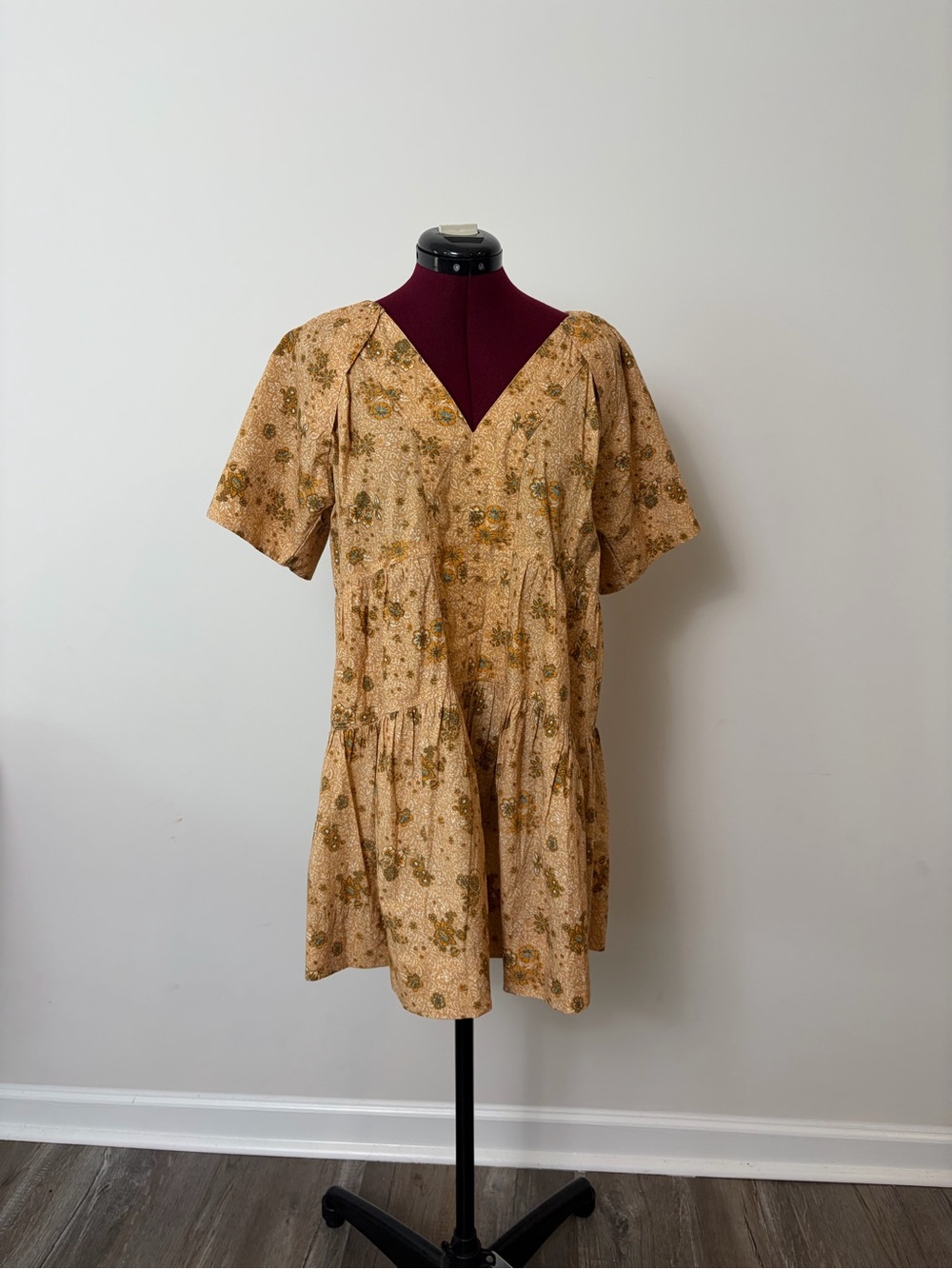 Elan Floral V-Neck Tiered Mini Dress in Mustard